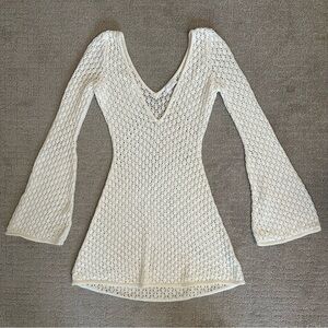 White Crochet Knit V-Neck Dress